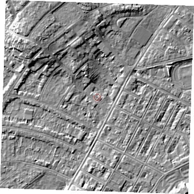 Shaded relief map of the ground around BN228NS, computed from Environment Agency LiDAR. The ground here sits at about 3 m above sea level and falls 8 m across the surrounding 800 m. Surface water reaching this point runs off ground lying to the north-west, 5.9 m higher.