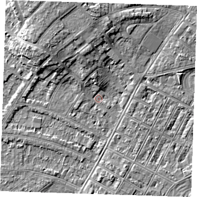 Shaded relief map of the ground around BN228NT, computed from Environment Agency LiDAR. The ground here sits at about 3 m above sea level and falls 8 m across the surrounding 800 m. Surface water reaching this point runs off ground lying to the north-west, 5.9 m higher.
