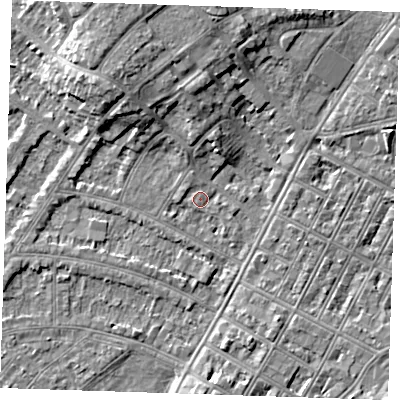 Shaded relief map of the ground around BN228NU, computed from Environment Agency LiDAR. The ground here sits at about 3 m above sea level and falls 8 m across the surrounding 800 m. Surface water reaching this point runs off ground lying to the north-north-west, 5.9 m higher.