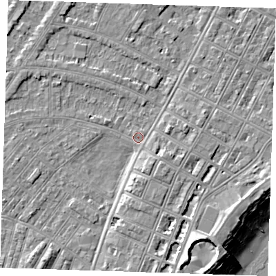 Shaded relief map of the ground around BN228NW, computed from Environment Agency LiDAR. The ground here sits at about 3 m above sea level and falls 12 m across the surrounding 800 m. Surface water reaching this point runs off ground lying to the south-east, 0.8 m higher.