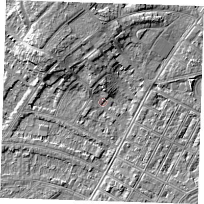 Shaded relief map of the ground around BN228NX, computed from Environment Agency LiDAR. The ground here sits at about 3 m above sea level and falls 8 m across the surrounding 800 m. Surface water reaching this point runs off ground lying to the north, 3.3 m higher.