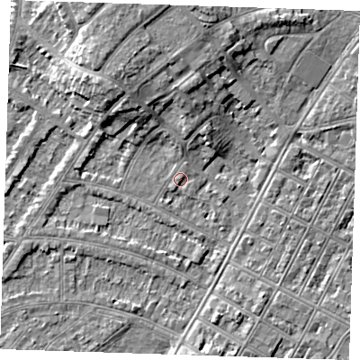 Shaded relief map of the ground around BN228NY, computed from Environment Agency LiDAR. The ground here sits at about 3 m above sea level and falls 8 m across the surrounding 800 m. Surface water reaching this point runs off ground lying to the north, 3.1 m higher.
