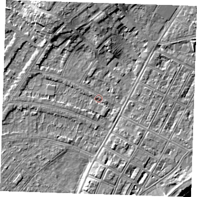 Shaded relief map of the ground around BN228PA, computed from Environment Agency LiDAR. The ground here sits at about 3 m above sea level and falls 8 m across the surrounding 800 m. Surface water reaching this point runs off ground lying to the north-north-west, 6.8 m higher.
