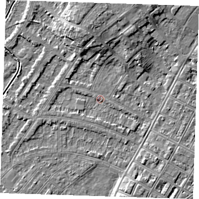 Shaded relief map of the ground around BN228PB, computed from Environment Agency LiDAR. The ground here sits at about 3 m above sea level and falls 8 m across the surrounding 800 m. Surface water reaching this point runs off ground lying to the north, 6.8 m higher.