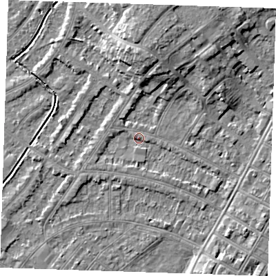 Shaded relief map of the ground around BN228PD, computed from Environment Agency LiDAR. The ground here sits at about 3 m above sea level and falls 8 m across the surrounding 800 m. Surface water reaching this point runs off ground lying to the north-north-east, 6.8 m higher.