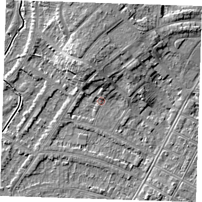 Shaded relief map of the ground around BN228PE, computed from Environment Agency LiDAR. The ground here sits at about 3 m above sea level and falls 8 m across the surrounding 800 m. Surface water reaching this point runs off ground lying to the north, 5.9 m higher.