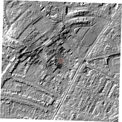 Shaded relief map of the ground around BN228PR, computed from Environment Agency LiDAR. The ground here sits at about 4 m above sea level and falls 8 m across the surrounding 800 m. Surface water reaching this point runs off ground lying to the north-west, 4.4 m higher.