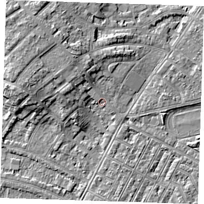 Shaded relief map of the ground around BN228PS, computed from Environment Agency LiDAR. The ground here sits at about 4 m above sea level and falls 8 m across the surrounding 800 m. Surface water reaching this point runs off ground lying to the west-north-west, 5.8 m higher.