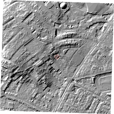 Shaded relief map of the ground around BN228PZ, computed from Environment Agency LiDAR. The ground here sits at about 5 m above sea level and falls 8 m across the surrounding 800 m. Surface water reaching this point runs off ground lying to the west, 5.6 m higher.