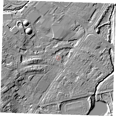 Shaded relief map of the ground around BN228QG, computed from Environment Agency LiDAR. The ground here sits at about 3 m above sea level and falls 7 m across the surrounding 800 m. The ground contributing surface water to this point lies to the south-south-west.