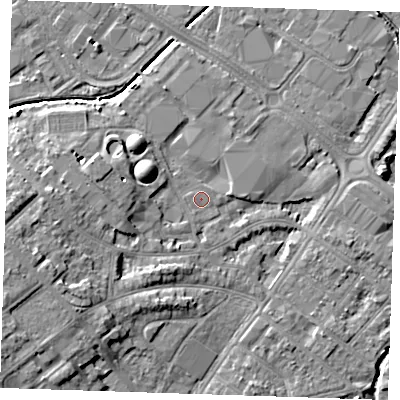Shaded relief map of the ground around BN228QJ, computed from Environment Agency LiDAR. The ground here sits at about 3 m above sea level and falls 8 m across the surrounding 800 m. Surface water reaching this point runs off ground lying to the west-south-west, 5.1 m higher.
