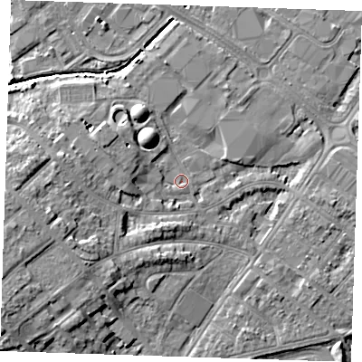 Shaded relief map of the ground around BN228QL, computed from Environment Agency LiDAR. The ground here sits at about 4 m above sea level and falls 8 m across the surrounding 800 m. Surface water reaching this point runs off ground lying to the west, 4.9 m higher.