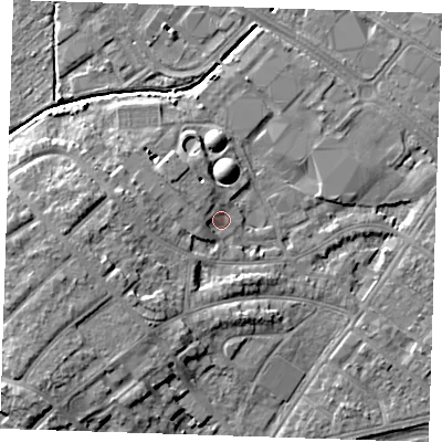 Shaded relief map of the ground around BN228QN, computed from Environment Agency LiDAR. The ground here sits at about 5 m above sea level and falls 9 m across the surrounding 800 m. Surface water reaching this point runs off ground lying to the west-north-west, 2.4 m higher.