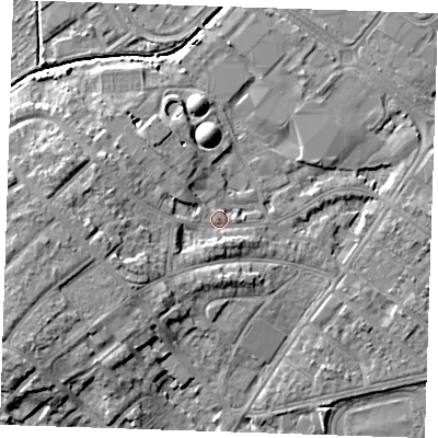 Shaded relief map of the ground around BN228QP, computed from Environment Agency LiDAR. The ground here sits at about 5 m above sea level and falls 9 m across the surrounding 800 m. Surface water reaching this point runs off ground lying to the west-south-west, 5.4 m higher.