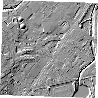Shaded relief map of the ground around BN228QQ, computed from Environment Agency LiDAR. The ground here sits at about 3 m above sea level and falls 7 m across the surrounding 800 m. Surface water reaching this point runs off ground lying to the south-south-east, 2.6 m higher.