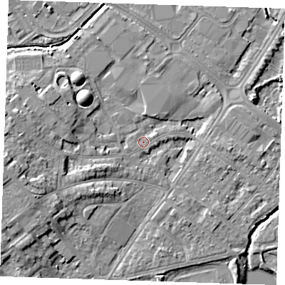 Shaded relief map of the ground around BN228QS, computed from Environment Agency LiDAR. The ground here sits at about 3 m above sea level and falls 8 m across the surrounding 800 m. Surface water reaching this point runs off ground lying to the south-west, 0.8 m higher.