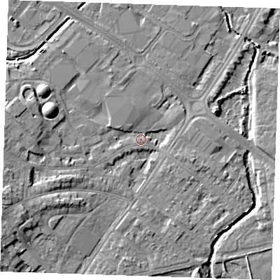 Shaded relief map of the ground around BN228QT, computed from Environment Agency LiDAR. The ground here sits at about 3 m above sea level and falls 7 m across the surrounding 800 m. Surface water reaching this point runs off ground lying to the west-south-west, 6.0 m higher.