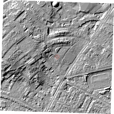 Shaded relief map of the ground around BN228RA, computed from Environment Agency LiDAR. The ground here sits at about 4 m above sea level and falls 8 m across the surrounding 800 m. Surface water reaching this point runs off ground lying to the west, 5.6 m higher.