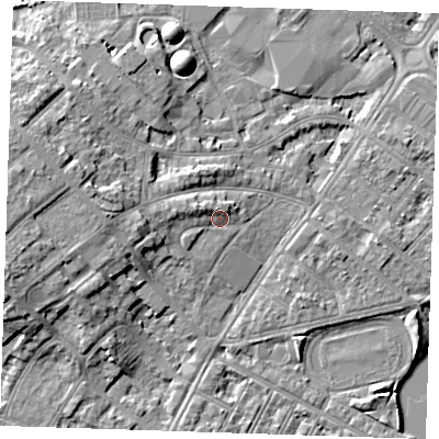 Shaded relief map of the ground around BN228RB, computed from Environment Agency LiDAR. The ground here sits at about 5 m above sea level and falls 8 m across the surrounding 800 m. Surface water reaching this point runs off ground lying to the west-north-west, 2.4 m higher.