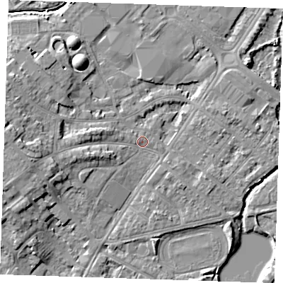 Shaded relief map of the ground around BN228RE, computed from Environment Agency LiDAR. The ground here sits at about 4 m above sea level and falls 8 m across the surrounding 800 m. Surface water reaching this point runs off ground lying to the west, 4.7 m higher.