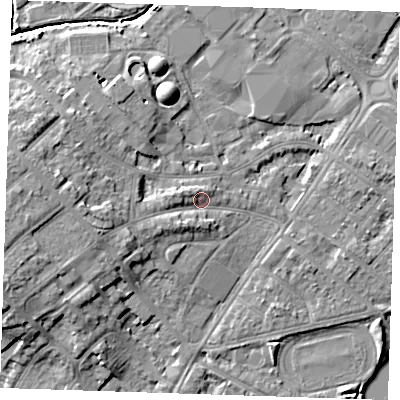 Shaded relief map of the ground around BN228RF, computed from Environment Agency LiDAR. The ground here sits at about 5 m above sea level and falls 8 m across the surrounding 800 m. Surface water reaching this point runs off ground lying to the west, 3.9 m higher.