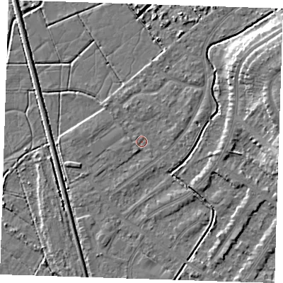 Shaded relief map of the ground around BN228SX, computed from Environment Agency LiDAR. The ground here sits at about 2 m above sea level and falls 8 m across the surrounding 800 m. Surface water reaching this point runs off ground lying to the west-south-west, 1.5 m higher.