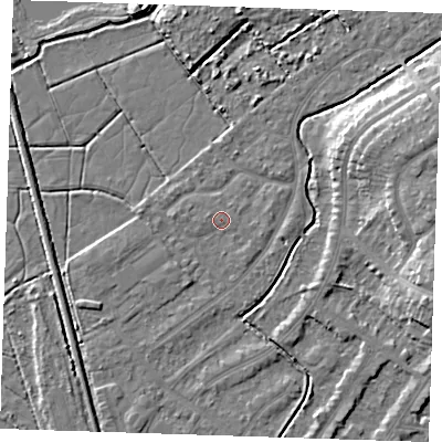Shaded relief map of the ground around BN228SY, computed from Environment Agency LiDAR. The ground here sits at about 3 m above sea level and falls 8 m across the surrounding 800 m. Surface water reaching this point runs off ground lying to the west, 0.9 m higher.