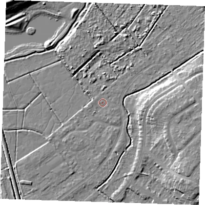 Shaded relief map of the ground around BN228SZ, computed from Environment Agency LiDAR. The ground here sits at about 3 m above sea level and falls 11 m across the surrounding 800 m. Surface water reaching this point runs off ground lying to the south-south-east, 0.7 m higher.