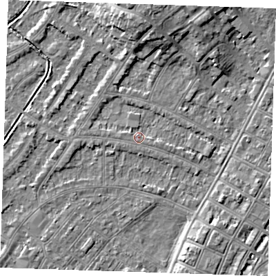 Shaded relief map of the ground around BN228TB, computed from Environment Agency LiDAR. The ground here sits at about 3 m above sea level and falls 8 m across the surrounding 800 m. Surface water reaching this point runs off ground lying to the east-south-east, 1.4 m higher.