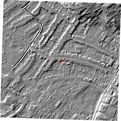 Shaded relief map of the ground around BN228TD, computed from Environment Agency LiDAR. The ground here sits at about 3 m above sea level and falls 8 m across the surrounding 800 m. Surface water reaching this point runs off ground lying to the south-west, 5.2 m higher.