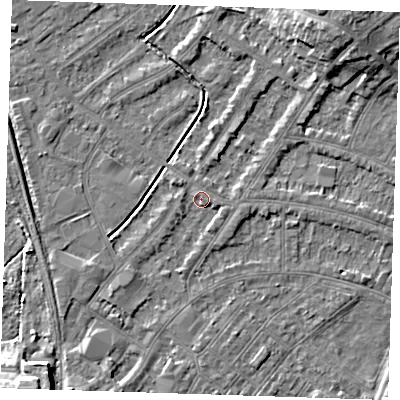 Shaded relief map of the ground around BN228TE, computed from Environment Agency LiDAR. The ground here sits at about 3 m above sea level and falls 9 m across the surrounding 800 m. Surface water reaching this point runs off ground lying to the south-west, 6.6 m higher.