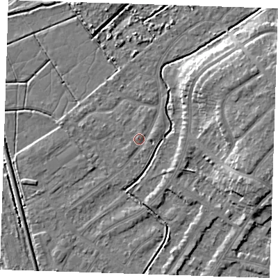 Shaded relief map of the ground around BN228TF, computed from Environment Agency LiDAR. The ground here sits at about 3 m above sea level and falls 8 m across the surrounding 800 m. Surface water reaching this point runs off ground lying to the east-north-east, 0.9 m higher.