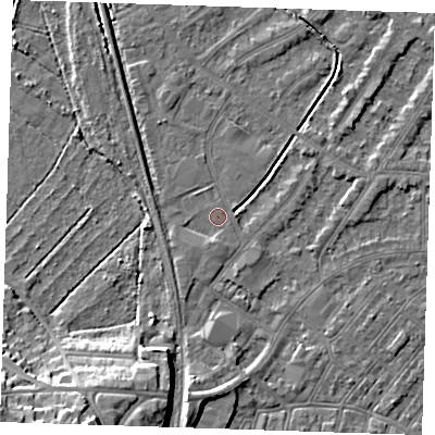 Shaded relief map of the ground around BN228TR, computed from Environment Agency LiDAR. The ground here sits at about 3 m above sea level and falls 14 m across the surrounding 800 m. Surface water reaching this point runs off ground lying to the south-south-west, 1.0 m higher.