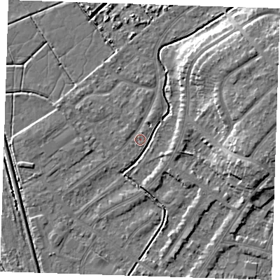 Shaded relief map of the ground around BN228TU, computed from Environment Agency LiDAR. The ground here sits at about 2 m above sea level and falls 8 m across the surrounding 800 m. Surface water reaching this point runs off ground lying to the west-south-west, 2.5 m higher.