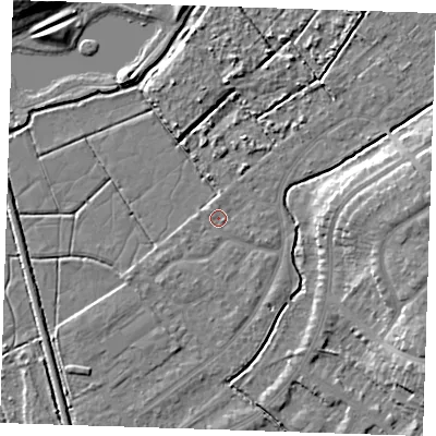 Shaded relief map of the ground around BN228TW, computed from Environment Agency LiDAR. The ground here sits at about 3 m above sea level and falls 8 m across the surrounding 800 m. Surface water reaching this point runs off ground lying to the east-south-east, 1.1 m higher.