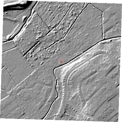 Shaded relief map of the ground around BN228TY, computed from Environment Agency LiDAR. The ground here sits at about 2 m above sea level and falls 13 m across the surrounding 800 m. Surface water reaching this point runs off ground lying to the east-south-east, 8.0 m higher.