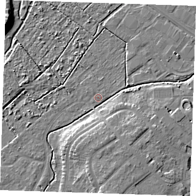 Shaded relief map of the ground around BN228TZ, computed from Environment Agency LiDAR. The ground here sits at about 3 m above sea level and falls 10 m across the surrounding 800 m. Surface water reaching this point runs off ground lying to the south-south-east, 5.1 m higher.