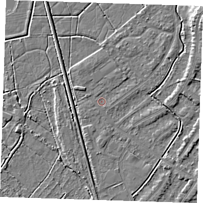 Shaded relief map of the ground around BN228UA, computed from Environment Agency LiDAR. The ground here sits at about 2 m above sea level and falls 6 m across the surrounding 800 m. Surface water reaching this point runs off ground lying to the south-south-east, 0.7 m higher.
