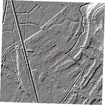 Shaded relief map of the ground around BN228UB, computed from Environment Agency LiDAR. The ground here sits at about 3 m above sea level and falls 8 m across the surrounding 800 m. Surface water reaching this point runs off ground lying to the south-west, 0.7 m higher.