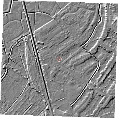 Shaded relief map of the ground around BN228UD, computed from Environment Agency LiDAR. The ground here sits at about 2 m above sea level and falls 7 m across the surrounding 800 m. Surface water reaching this point runs off ground lying to the east-north-east, 2.7 m higher.