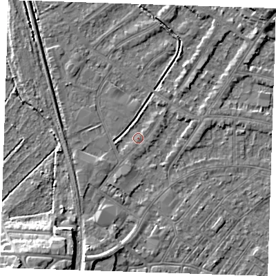 Shaded relief map of the ground around BN228UE, computed from Environment Agency LiDAR. The ground here sits at about 3 m above sea level and falls 13 m across the surrounding 800 m. Surface water reaching this point runs off ground lying to the west-south-west, 1.0 m higher.