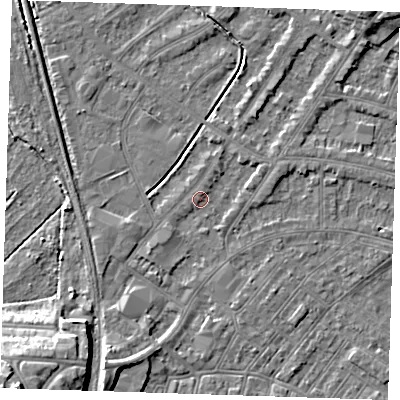 Shaded relief map of the ground around BN228UF, computed from Environment Agency LiDAR. The ground here sits at about 3 m above sea level and falls 14 m across the surrounding 800 m. Surface water reaching this point runs off ground lying to the south-west, 1.5 m higher.