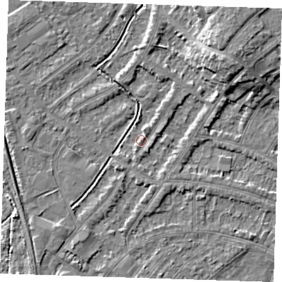 Shaded relief map of the ground around BN228UG, computed from Environment Agency LiDAR. The ground here sits at about 3 m above sea level and falls 8 m across the surrounding 800 m. Surface water reaching this point runs off ground lying to the north-east, 1.6 m higher.