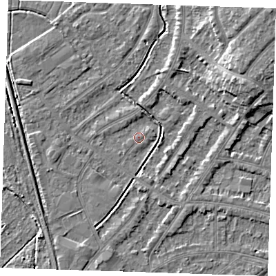 Shaded relief map of the ground around BN228UH, computed from Environment Agency LiDAR. The ground here sits at about 3 m above sea level and falls 8 m across the surrounding 800 m. Surface water reaching this point runs off ground lying to the east-north-east, 0.9 m higher.
