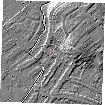 Shaded relief map of the ground around BN228UL, computed from Environment Agency LiDAR. The ground here sits at about 3 m above sea level and falls 8 m across the surrounding 800 m. Surface water reaching this point runs off ground lying to the south-east, 1.1 m higher.