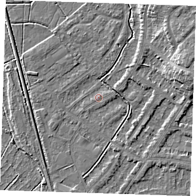 Shaded relief map of the ground around BN228UN, computed from Environment Agency LiDAR. The ground here sits at about 3 m above sea level and falls 8 m across the surrounding 800 m. Surface water reaching this point runs off ground lying to the east-north-east, 8.2 m higher.