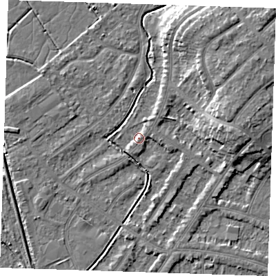 Shaded relief map of the ground around BN228UP, computed from Environment Agency LiDAR. The ground here sits at about 3 m above sea level and falls 8 m across the surrounding 800 m. Surface water reaching this point runs off ground lying to the east-north-east, 8.4 m higher.