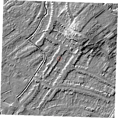 Shaded relief map of the ground around BN228UQ, computed from Environment Agency LiDAR. The ground here sits at about 3 m above sea level and falls 8 m across the surrounding 800 m. Surface water reaching this point runs off ground lying to the south-south-west, 1.4 m higher.