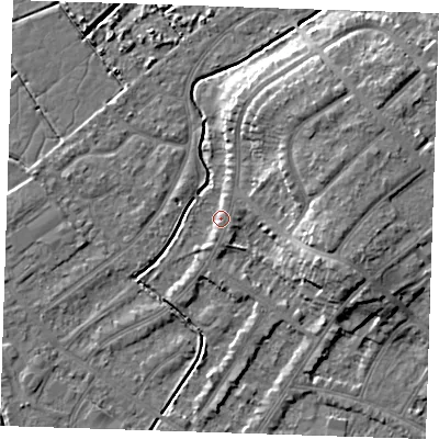Shaded relief map of the ground around BN228UR, computed from Environment Agency LiDAR. The ground here sits at about 3 m above sea level and falls 8 m across the surrounding 800 m. Surface water reaching this point runs off ground lying to the east, 8.4 m higher.