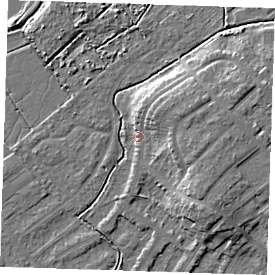 Shaded relief map of the ground around BN228UT, computed from Environment Agency LiDAR. The ground here sits at about 4 m above sea level and falls 8 m across the surrounding 800 m. Surface water reaching this point runs off ground lying to the north-north-east, 5.2 m higher.